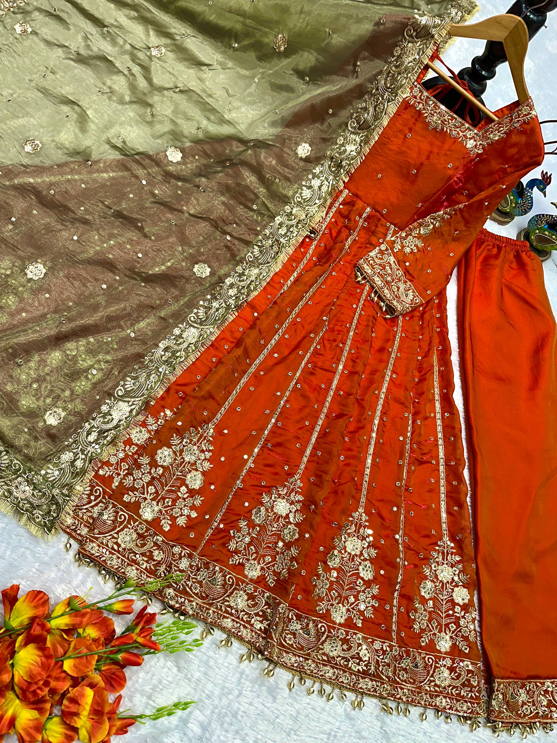 Modern Vermilion Flared Anarkali Set